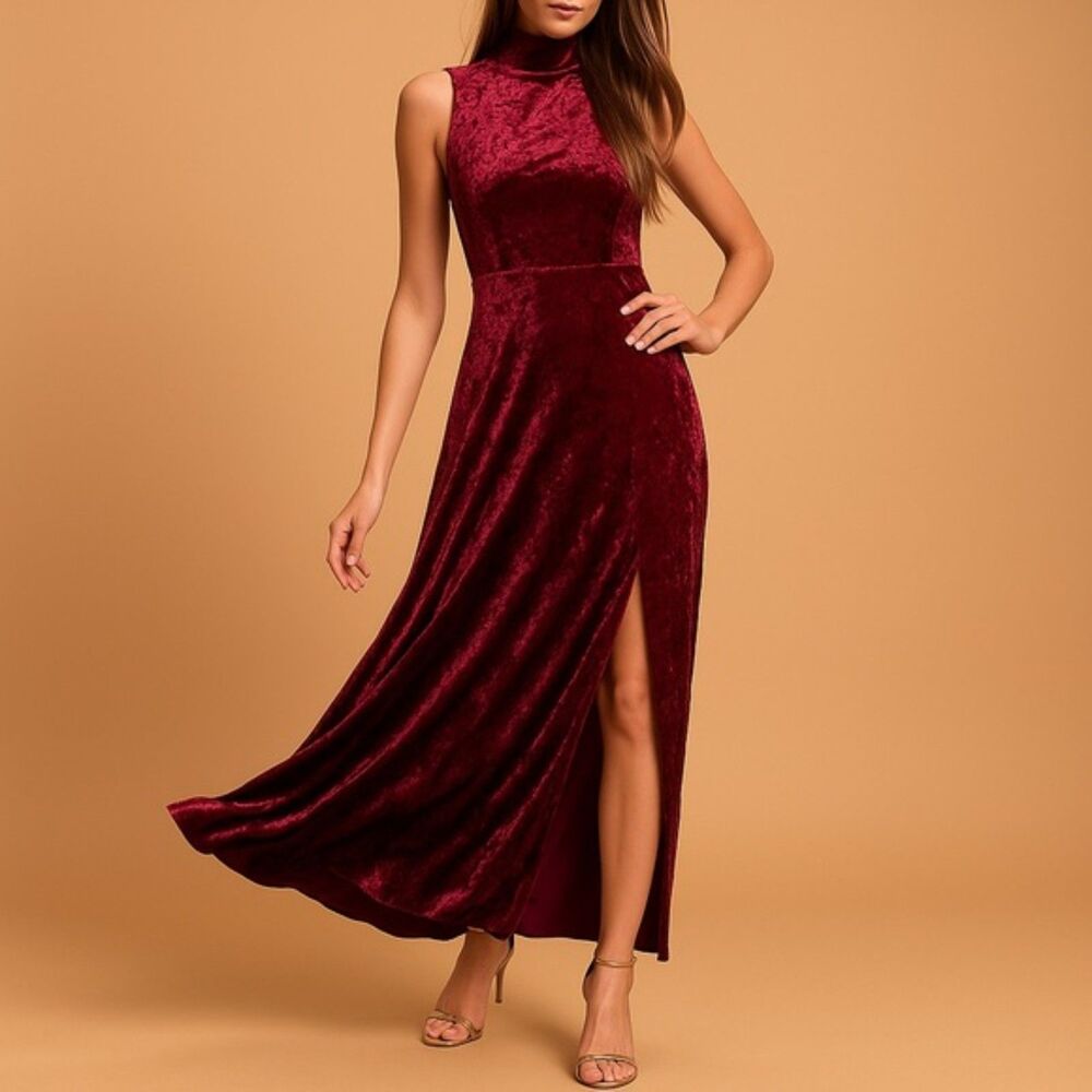 Lulus In the Louvre Burgundy Velvet Backless Maxi Dress Long Gown Womens Size XS